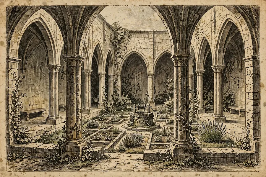 A quiet medieval convent courtyard — the nunnery Hamlet orders Ophelia to enter
