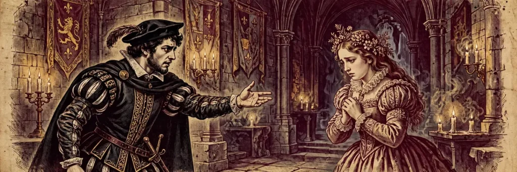 Hamlet confronting Ophelia in a castle hall — illustration for the 'Get thee to a nunnery' meaning guide