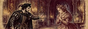 Hamlet confronting Ophelia in a castle hall — illustration for the 'Get thee to a nunnery' meaning guide