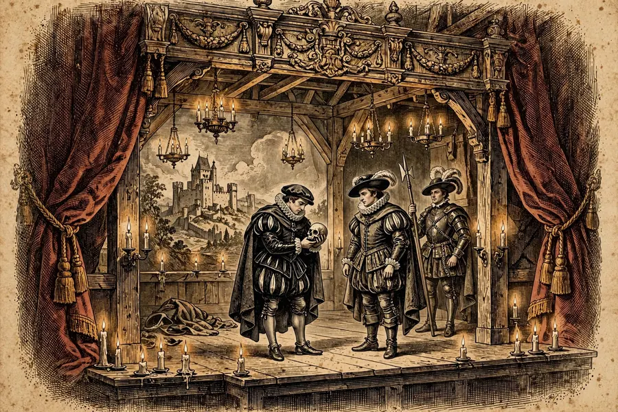 Actors performing the nunnery scene from Hamlet on an Elizabethan stage